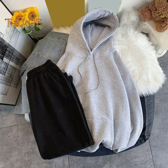 Conjunto de 2 piezas de traje deportivo para hombre, sudadera de manga larga con capucha y cordón, bolsillos grandes, pantalones deportivos de color sólido, ropa deportiva de estilo versátil