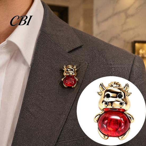 Decorative Coat Pin Golden Plated Alloy Cow Brooch, Red Faux Crystal Belly Cattle Lapel for Anti-oxidation Brooch Men Women, Animal Clothes