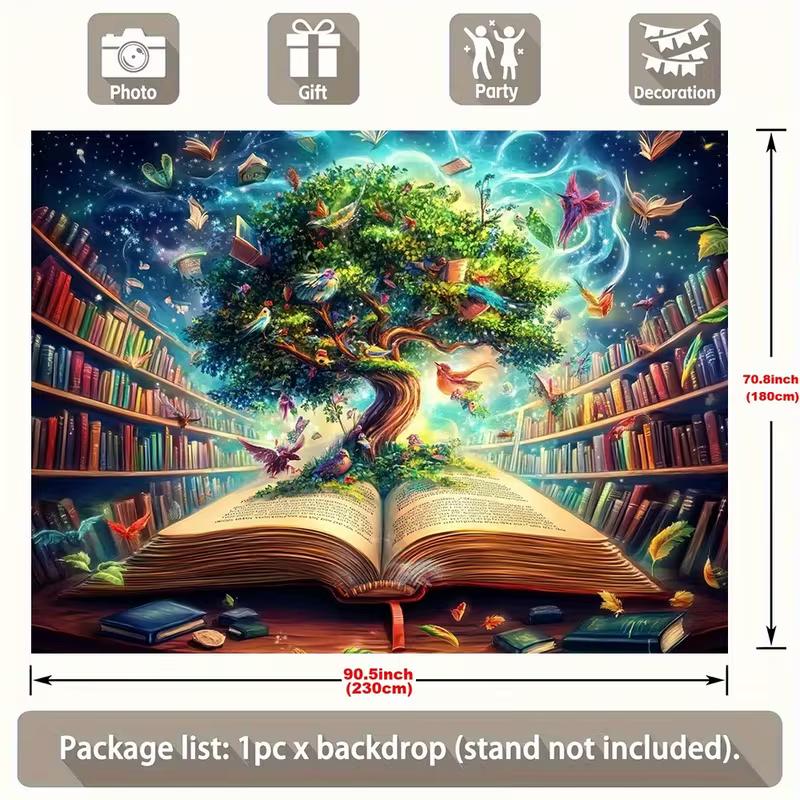 2D Fantasy Open Book with Magic Tree Library Photo Booth Background