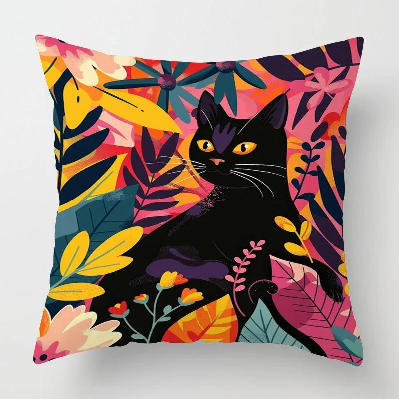 Home Decor Cat & Tropical Plant Patterned Pillow Covers Pattern Cushion Cover Suitable for Sofa Bedroom Car Pillow Cover
