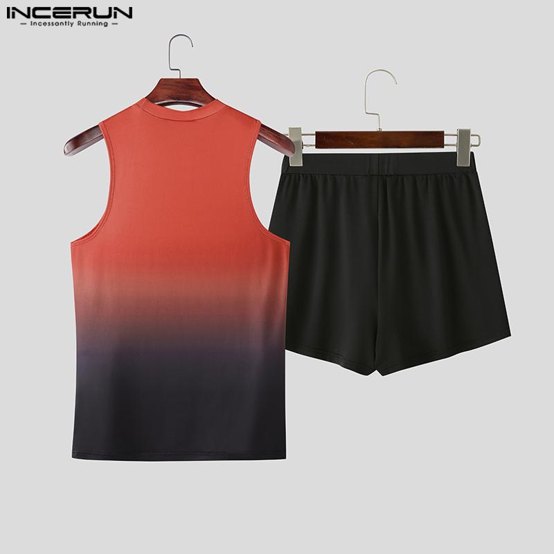 INCERUN Men Sleeveless Gradient Tops Lace Shorts Fitted Outfit Pajamas Underwear Sets