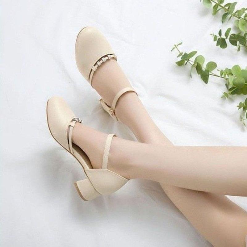 

New Style Flip-flops, Versatile, Adjustable Strap, Round Toe, Thick Heel, High Heels, Women s Shoes 34 бежевый