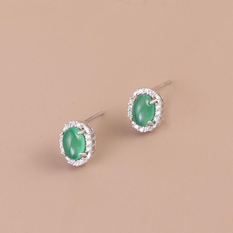 Natural Green Chalcedony & Rhinestone Stud Earrings in S925 Sterling Silver for Women's Elegant Daily Wear