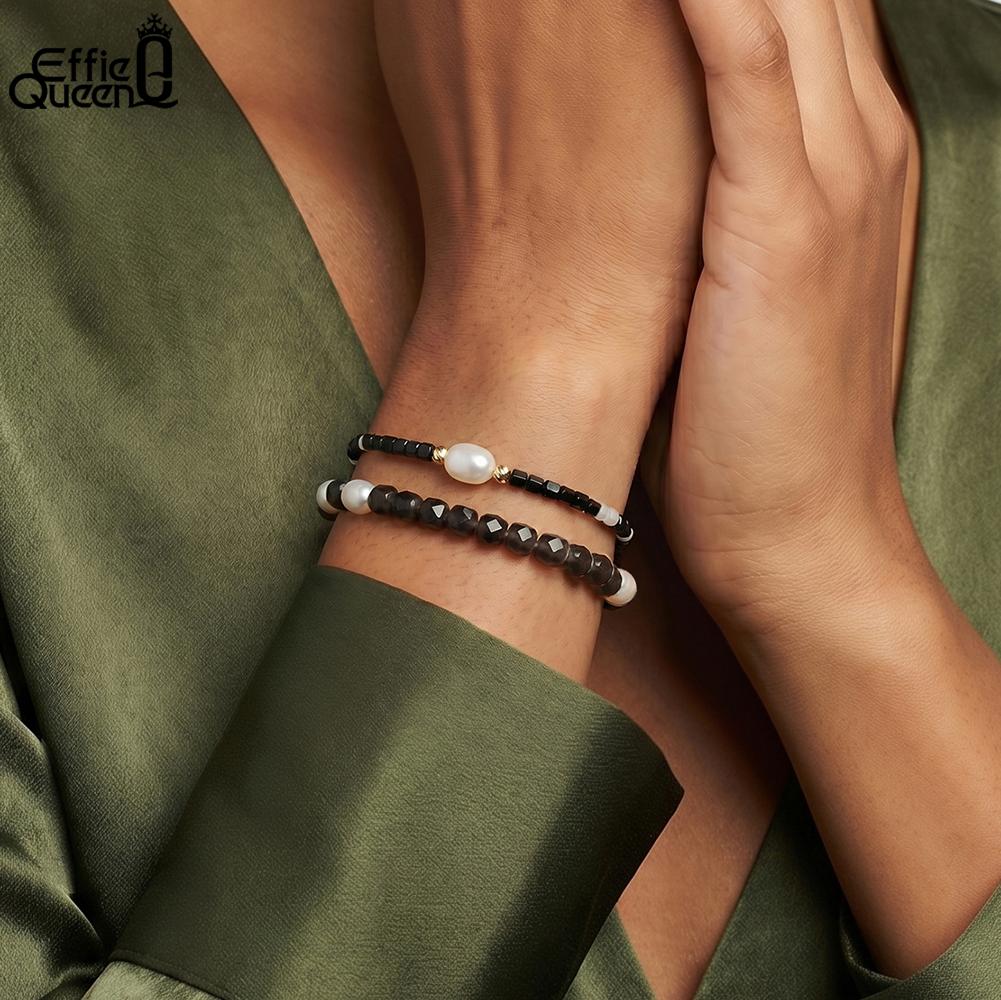 Effie Queen Fashion 2MM Black Spinel Gothic Women Bracelet Chain with Single Pearl 925 Sterling Silver Stone Jewelry Gift MPB21