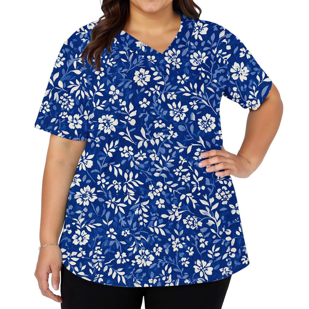 Women's Fashionable V-neck Short-Sleeved Work Top With Double Side Slits And Pockets, Featuring A Retro Floral Print.