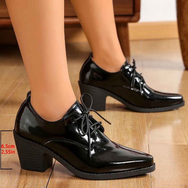 

Fashion British Style Women s Leather Shoes Size36 43 New Pointed Toe Thick Heel Fashion Comfortable Lace up Single Shoes High Heel Pump 36 чёрный