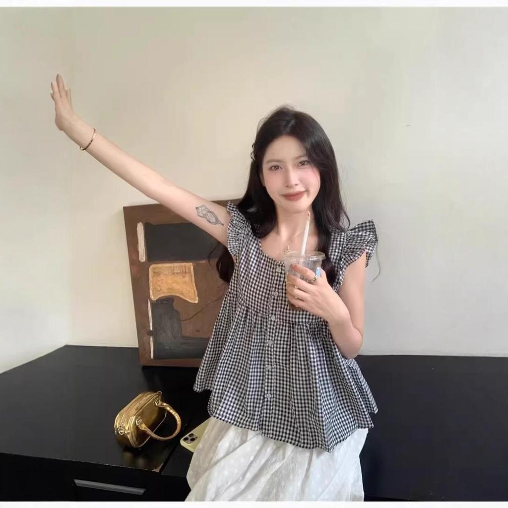 Women's Summer Plaid Loose-Fit Short-Sleeved Camisole Top