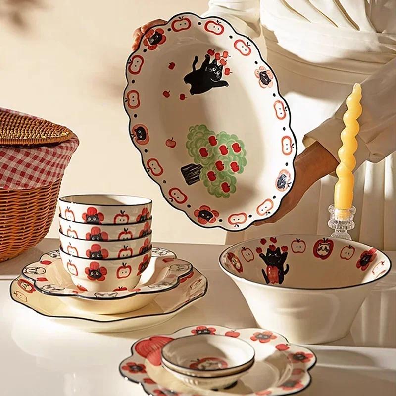 Cute Cartoon Ceramic Plate Creative Cat Fruits Salad Plates Exquisite Party Afternoon Tea Home Tableware Restaurant Ramen Bowls