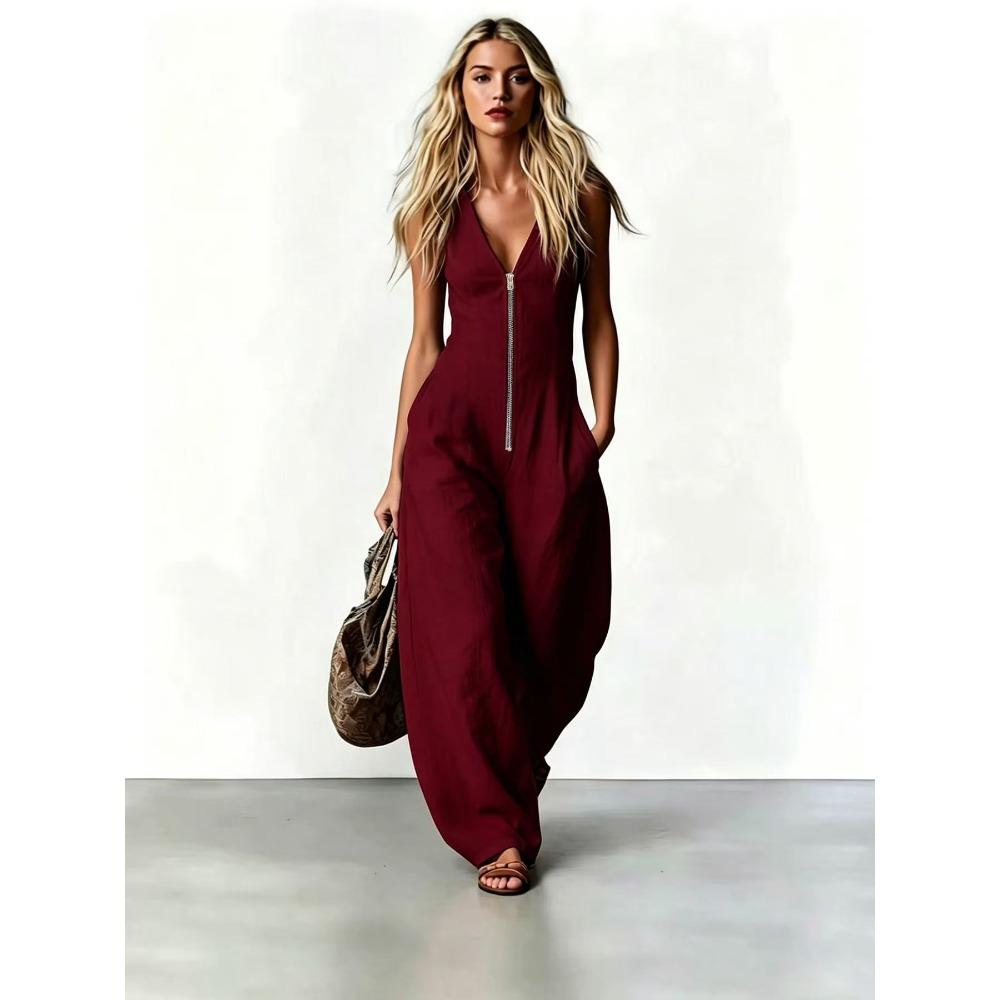 Women s V Neck Sleeveless Zipper Solid Color Casual Jumpsuit S бордовый