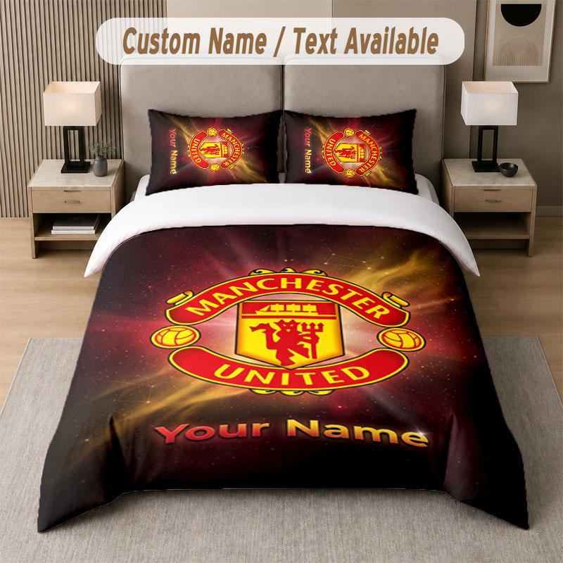 Juego de Cama Personalizado Patrón Manchester United, Estampa Nombre Texto 1 Funda Nórdica más 2 Fundas de Almohada Textil para el Hogar