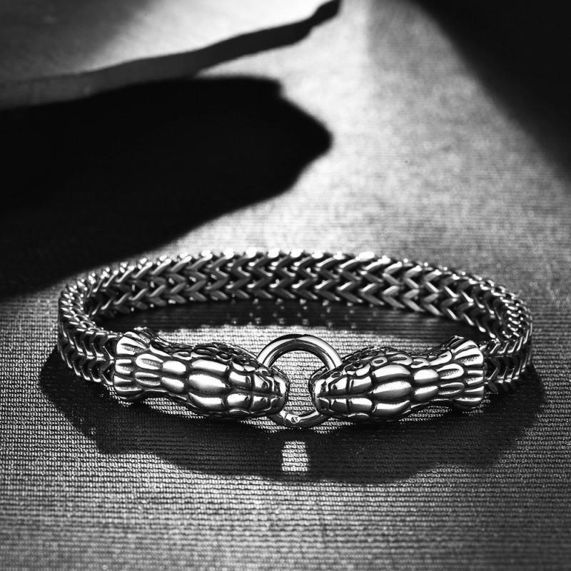 Mens Stainless Steel Double-Headed Snake Bracelet Punk Rock Retro Style Polished Titanium Bangle Fashion Statement