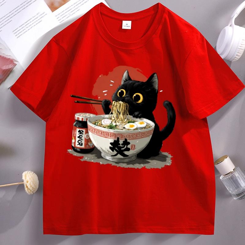 Kawaii RaUnisex Cat TShirt Funny Asian Foodie Graphic Tee Unisex Women Cotton Short Sleeve Oneck Tshirt Streetwear Comfortable S