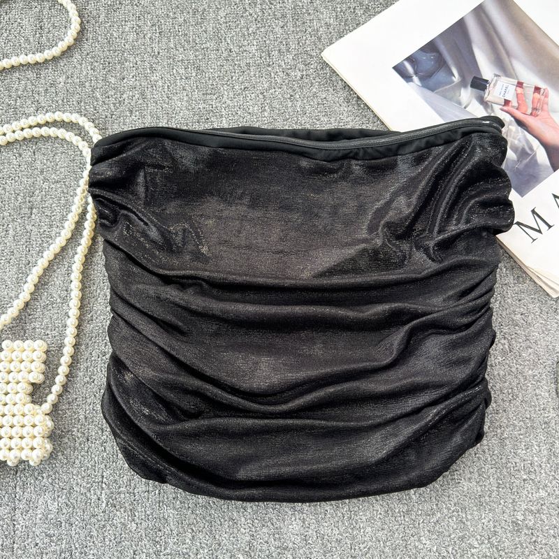 

Fashion Sexy Fried Street Sexy Tube Top Ruched Silm Shining Metal Vest for Women Outwear Western Style Top Black All yards