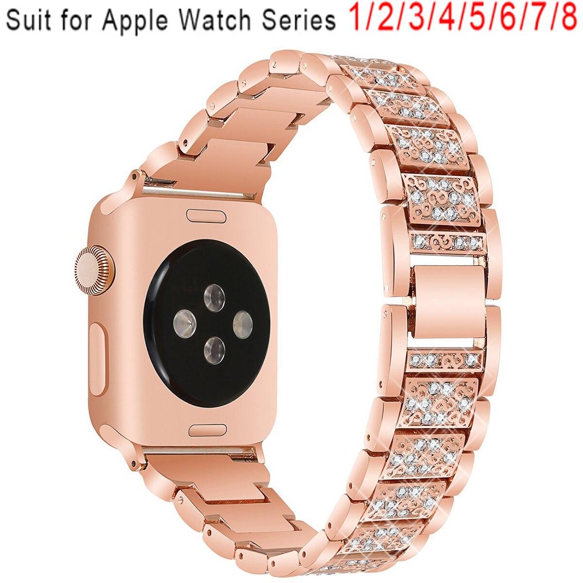 

Блестящий ремешок с бриллиантами для Apple Watch 40 мм 45 мм 44 мм 41 мм 42 мм 38 мм Металлический браслет для iWatch Series 8 7 SE 6 5 4 Женский браслет 44mm 45mm 46mm 49mm розового золота