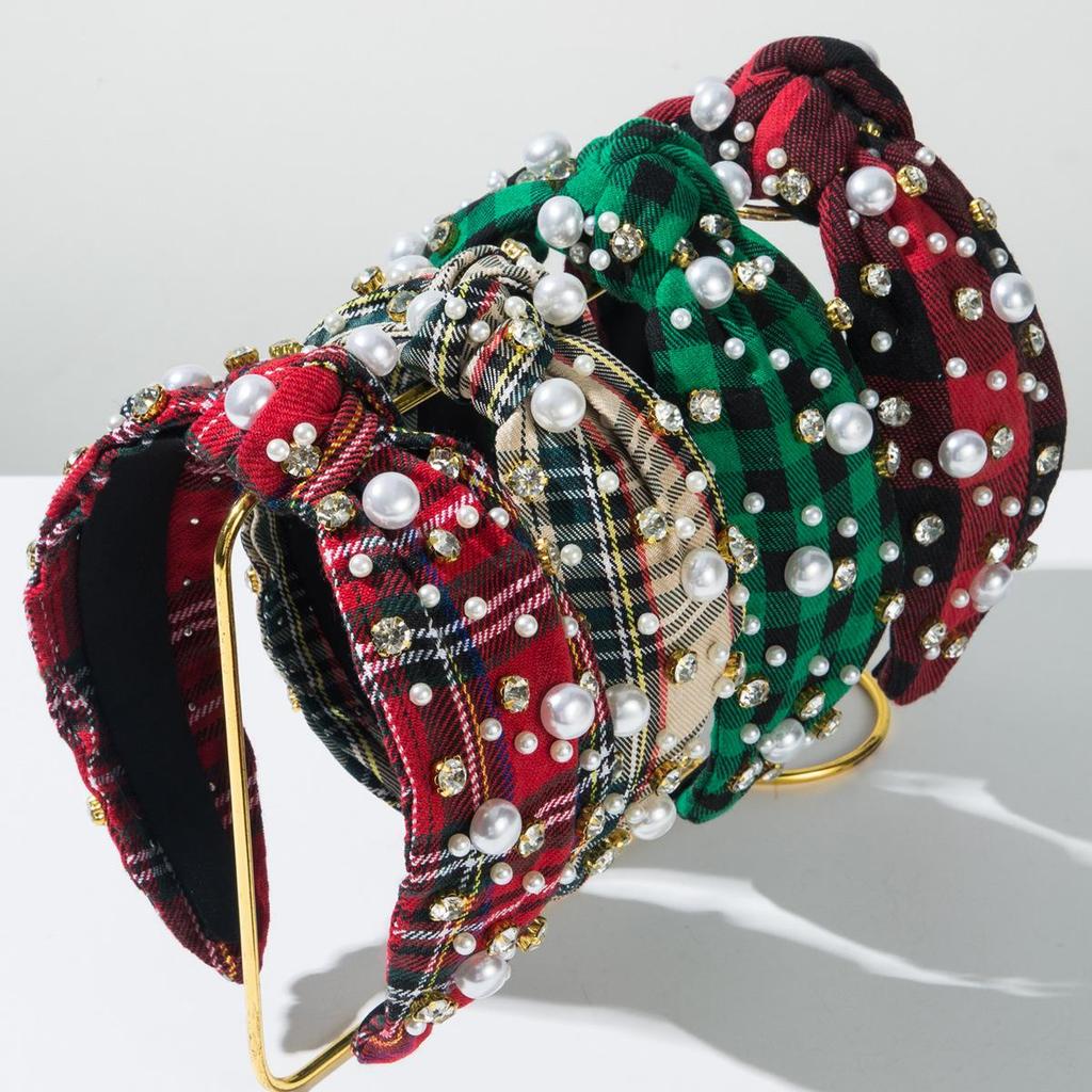 Fashionable Classic Plaid Fabric Headband Women's Nail Bead Rhinestone High-end Feeling Small Fragrance Hair Accessory