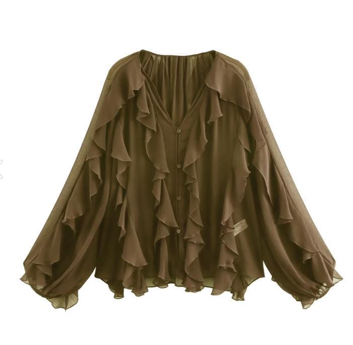 Camisa Casual con Volantes para Mujer Tops Holgados con Cordones y Aberturas en V Blusas de Primavera Ropa para Mujer