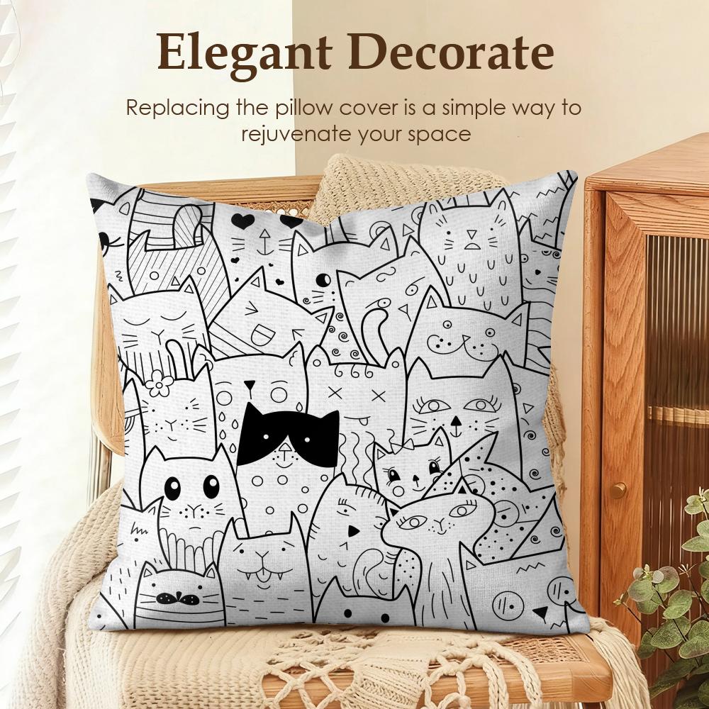Fashion Art Line Cat Cushion Cover Natural Linen Organic Fabric DoubleSided Printing Sofa Home Decor Gift Pillow Case