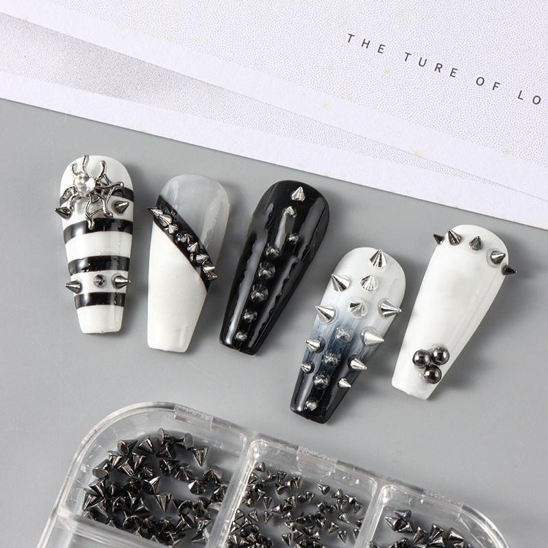 6 Grids Y2K Punk Metal Rivet Nail Charms Cone Mixed Sized Black Silver Nail Art Studs 3D Stylish Alloy Spike For Diy Nails Decor