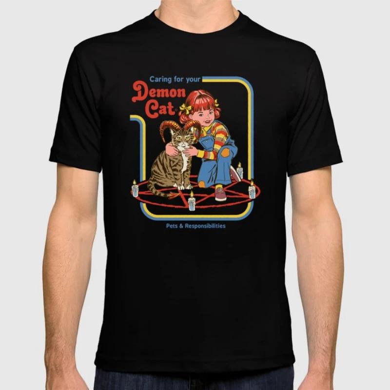 Caring for Your Demon Cat Funny Vintage Halloween Gift T Shirt New 100 Cotton Short Sleeve ONeck Casual Tshirts Size S3XL S