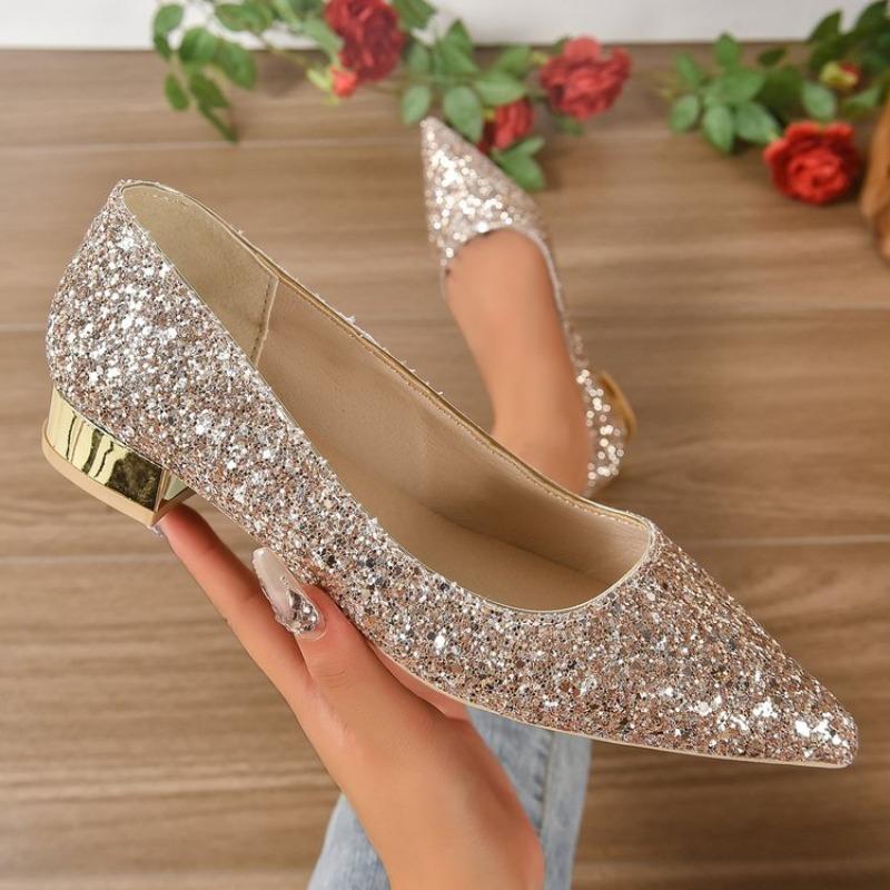 Fashion Sexy  Shiny Sequin Pumps Women New Pointed Toe Low Heels Wedding Party Shoes Woman Slip-on Bling Glitter Bride Shoes