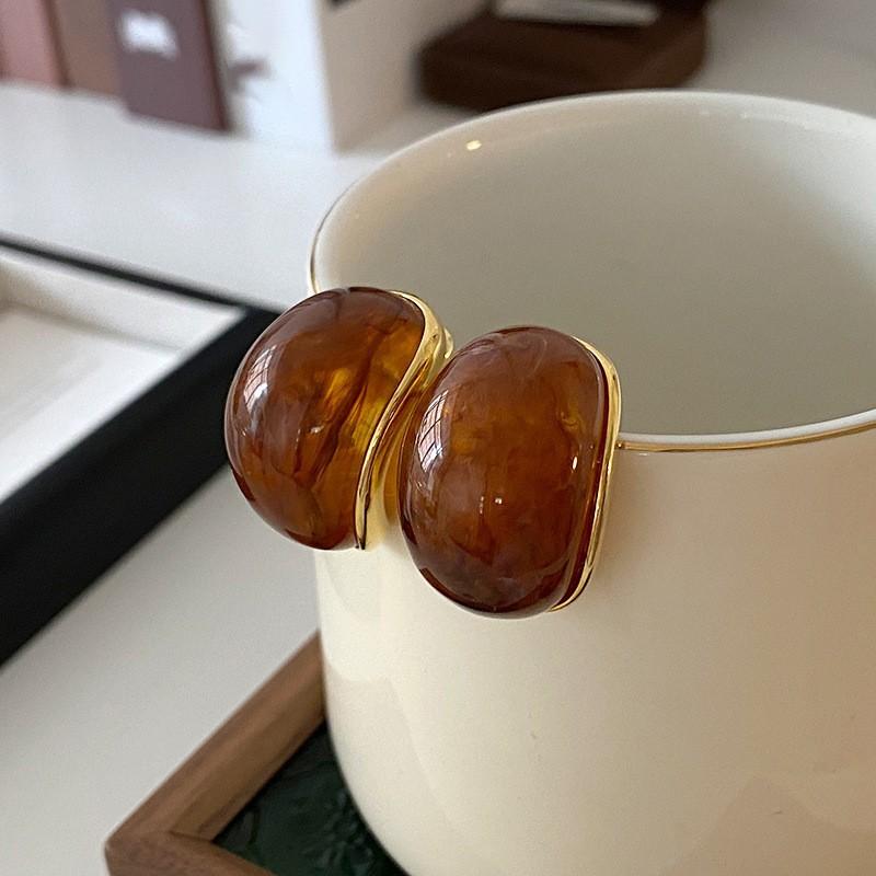 Silver Needle Retro Resin Geometric Round Oval Pendant Earrings Maillard Style Stud Earrings Niche Design Earrings Women