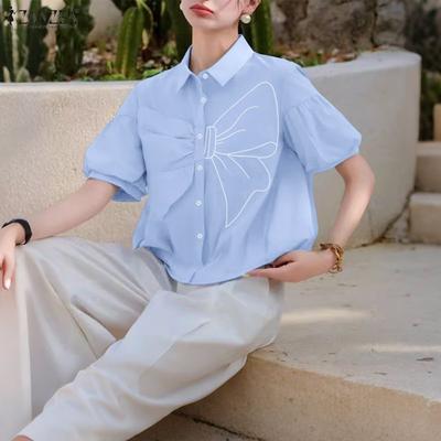 Women Turn Down Collar Summer Casual Short Sleeve Blouse