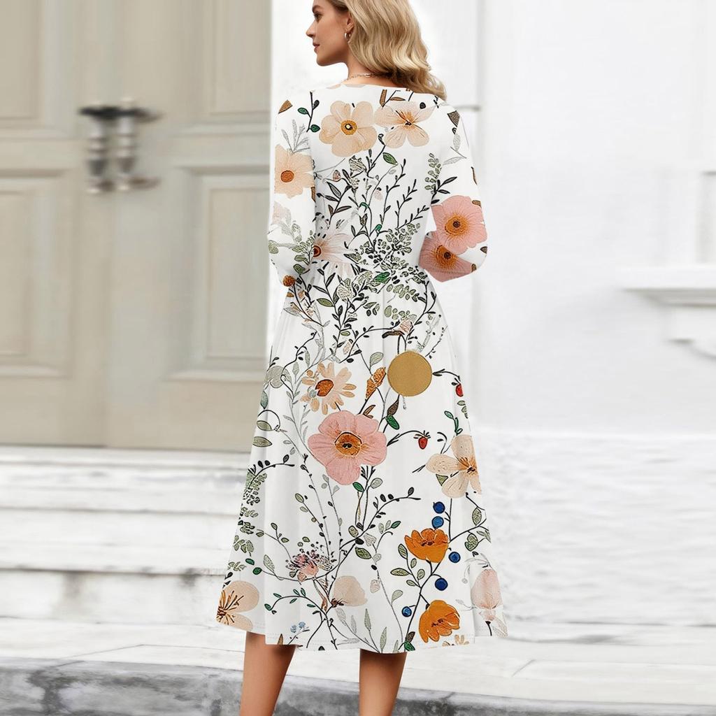 Vestido Feminino de Manga 3/4 Casual Fluido Linha A Midi Vestidos Camiseta Com Bolsos Gola Redonda Férias Boho Praia Vestido de Verão