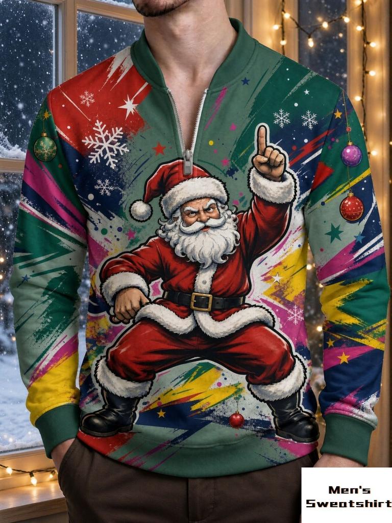 Long sleeved round neck sweatshirt men's clothing Christmas Santa Claus print quarter zip pullover top festive party wear