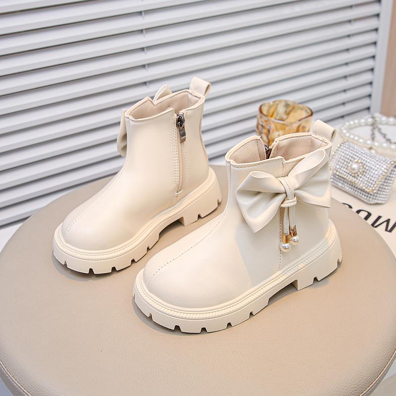 Girls Leather Boots with Big Sweet Bows Kids Ankle Boots Round Toes Soft Sole Autumn Children Princess Short Boots Elegant