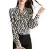 Elegant Ladies Shirts Black and White Printed Blouse Female Spring V-neck Ribbon Design Sense Niche Temperament Long-sleeved Shirt Female Clothes