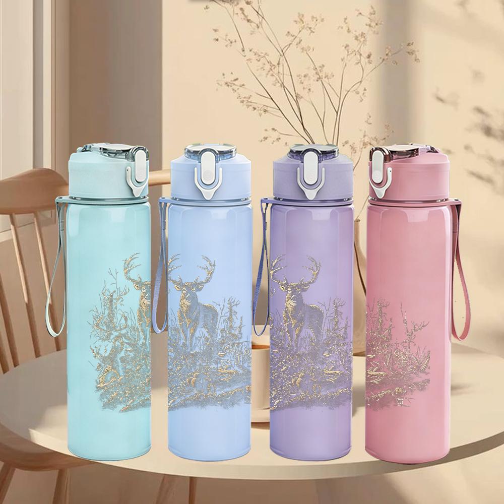 1PC Faint deer animal sketch print 750ml colorful plastic sports water bottle leakproof pop up lid with straw for outdoor work home use