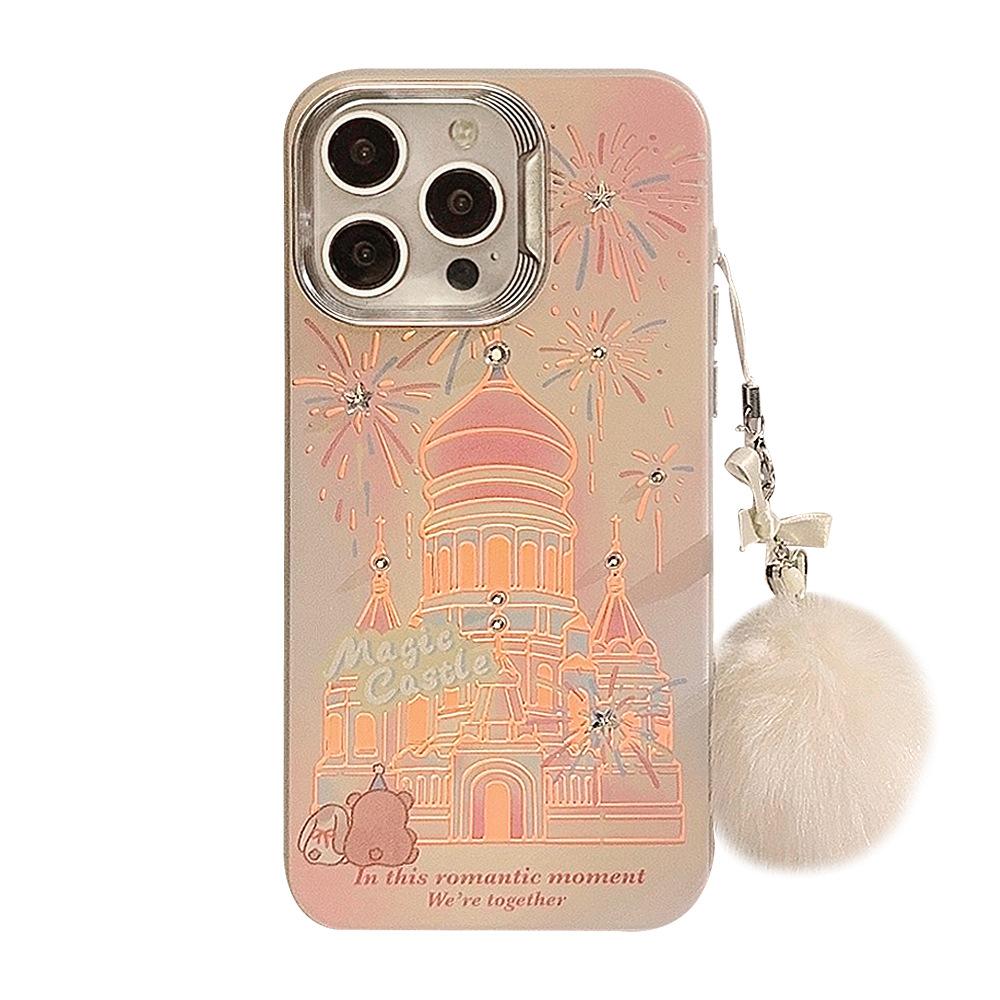 Girl Cartoon Firework Castle Suitable for IPhone15 Mobile Phone Case 13 Laser Apple 14 Promax Hair Ball Rope 16