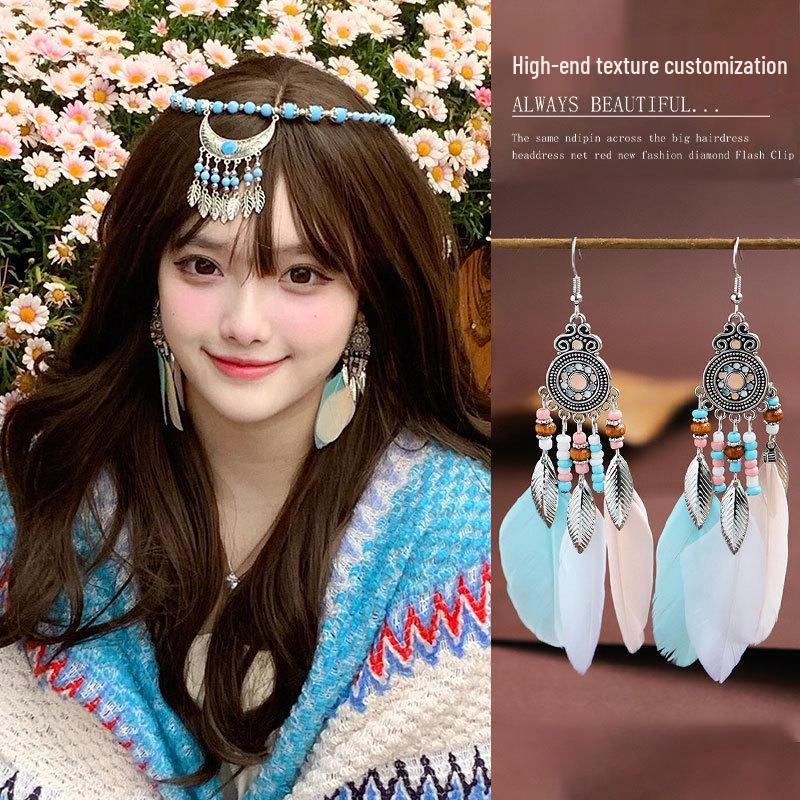 Bohemian Ethnic Long Tassel Feather Dangle Earrings for Women - Retro Prairie Vacation Style Accessories