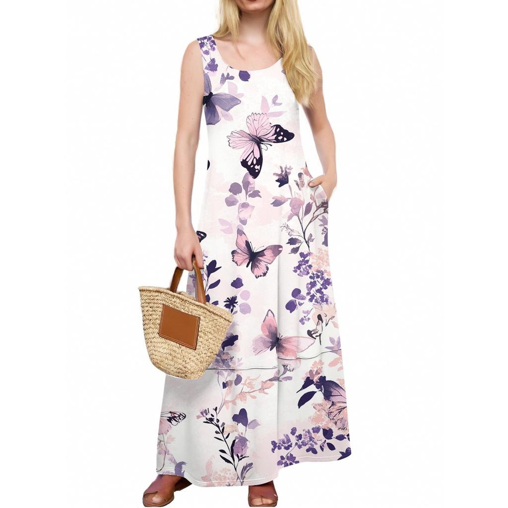 Women's Casual Floor-length Sundress Summer Beach Dress Round Neck Sleeveless Loose  Print Sundress