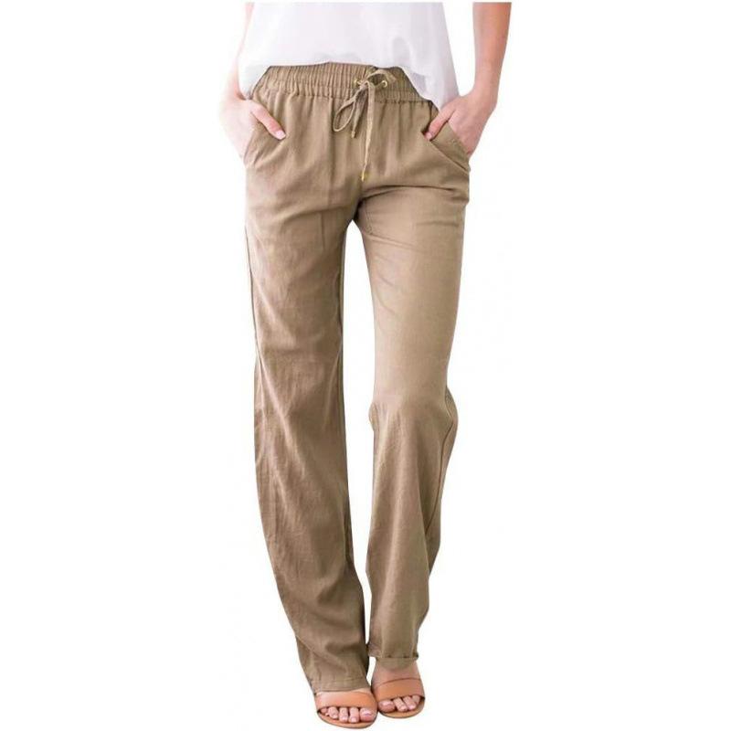 Damen Baumwolle Leinen Kordelzug Hose Elastischer Bund Lässige Einfarbig Hose Baggy Locker Gerades Bein Atmungsaktive Jogginghose