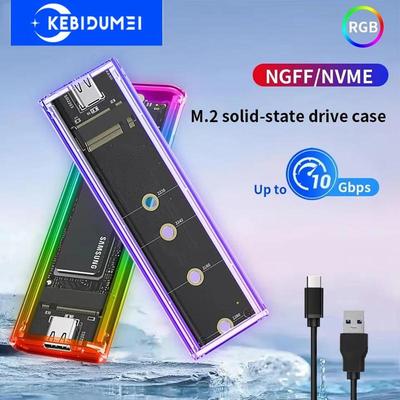 RGB M2 SSD-deksel M.2 NVMe SATA SSD-kabinett 10Gbps M.2 til USB-gjennomsiktig harddiskkabinett for NVME PCIE NGFF SATA M/ B-nøkkel SSD-disk
