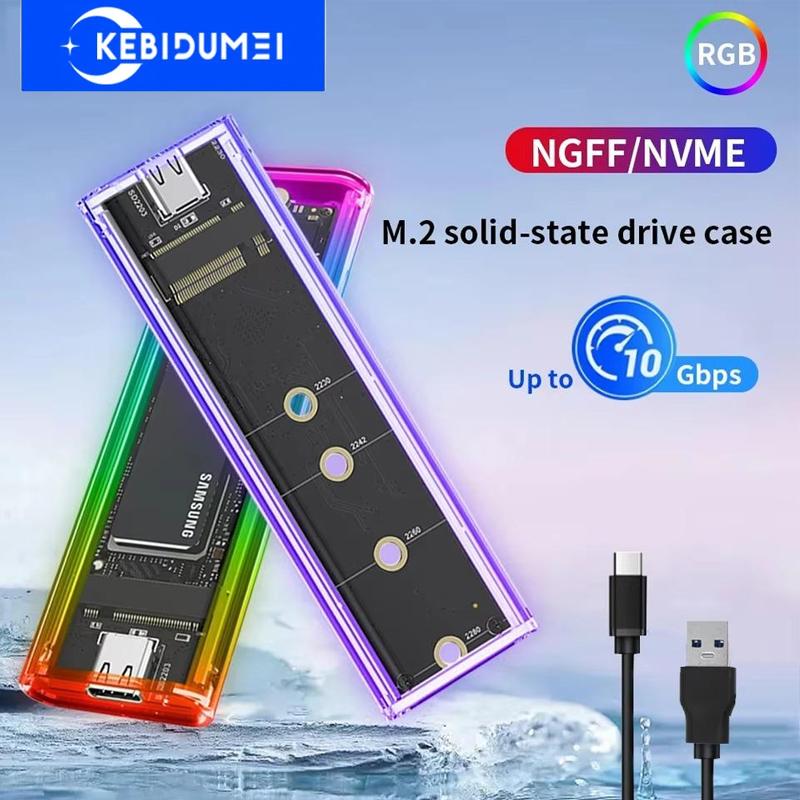 RGB M2 SSD Case M.2 NVMe SATA SSD Enclosure 10Gbps M.2 To USB Transparent Hard Drive Enclosure for NVME PCIE NGFF SATA M/ B Key SSD Disk