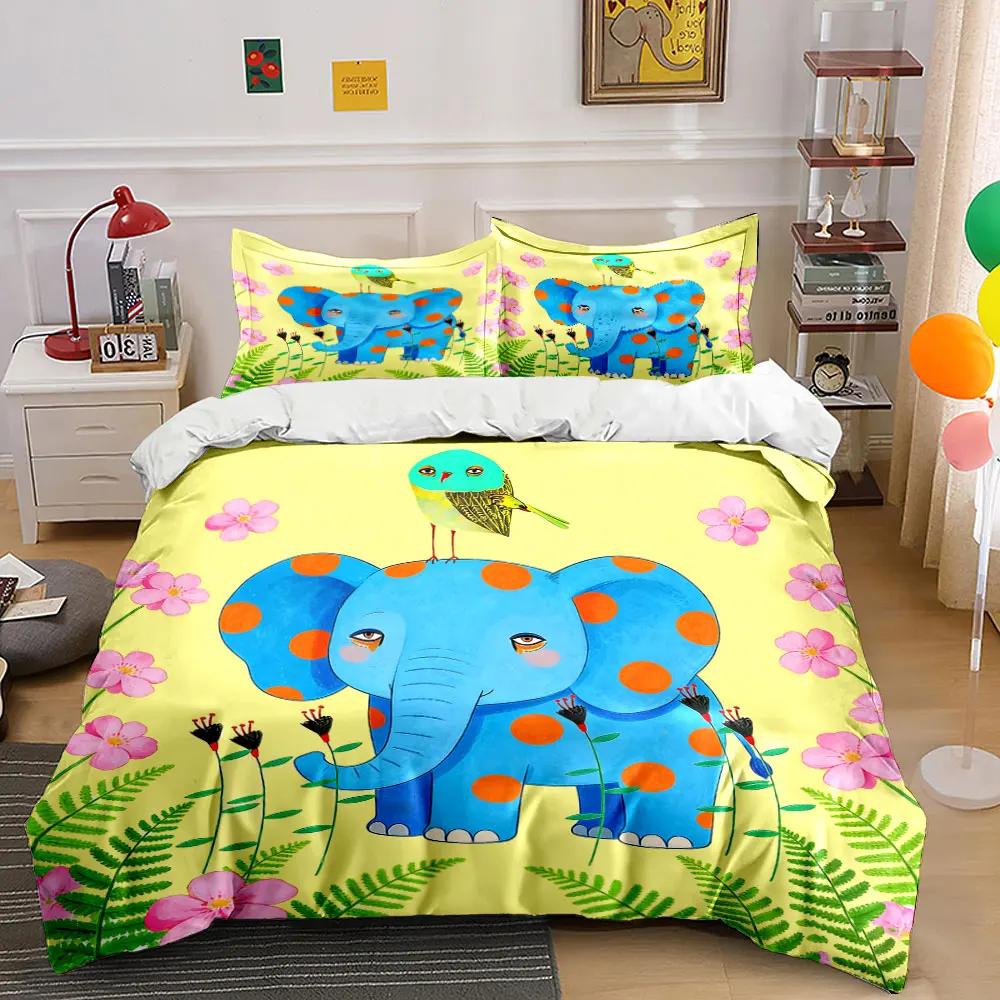 Cute Elephant Trio Home Decor Soft Comfortable Duvet Cover Bedding Set Included 1*Duvet Cover & 2*Pillowcases gift