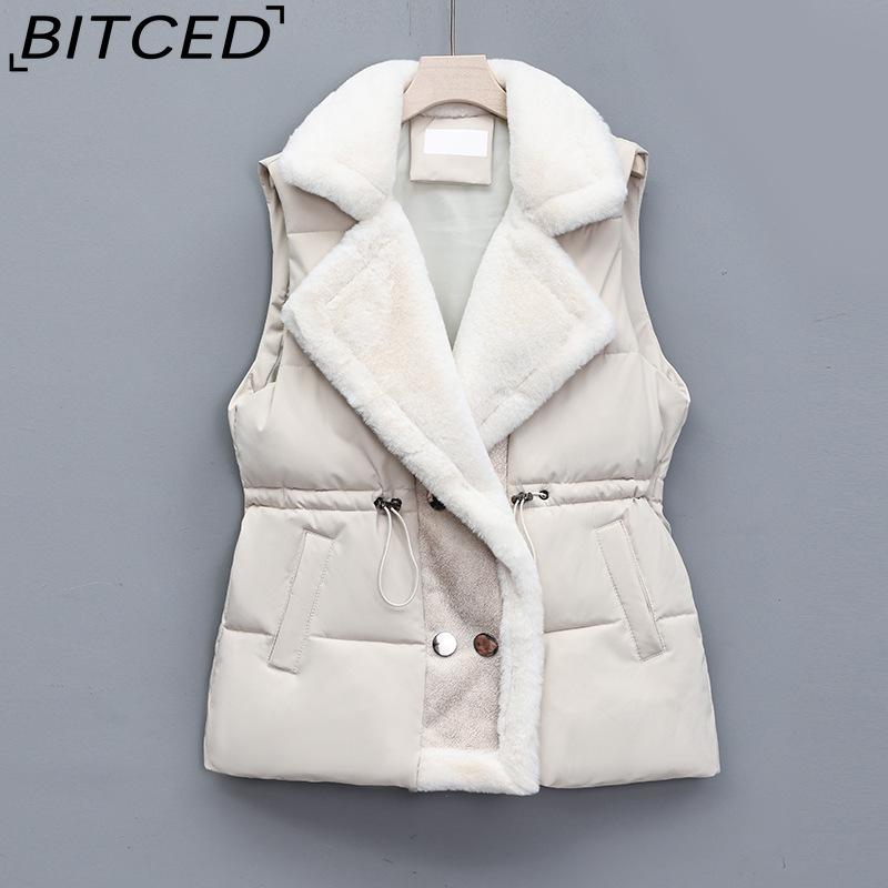 

BITCED Lambskin-Patchwork Down-Filled Waistcoat for Women Winter Outerwear Autumn/Winter Faux Fur Collar Waist-Defining Waistcoat M белый
