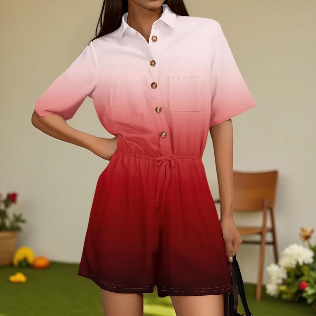 Women's Fashion V-neck Jumpsuit Plaid Casual Short Sleeve Top Jumpsuit