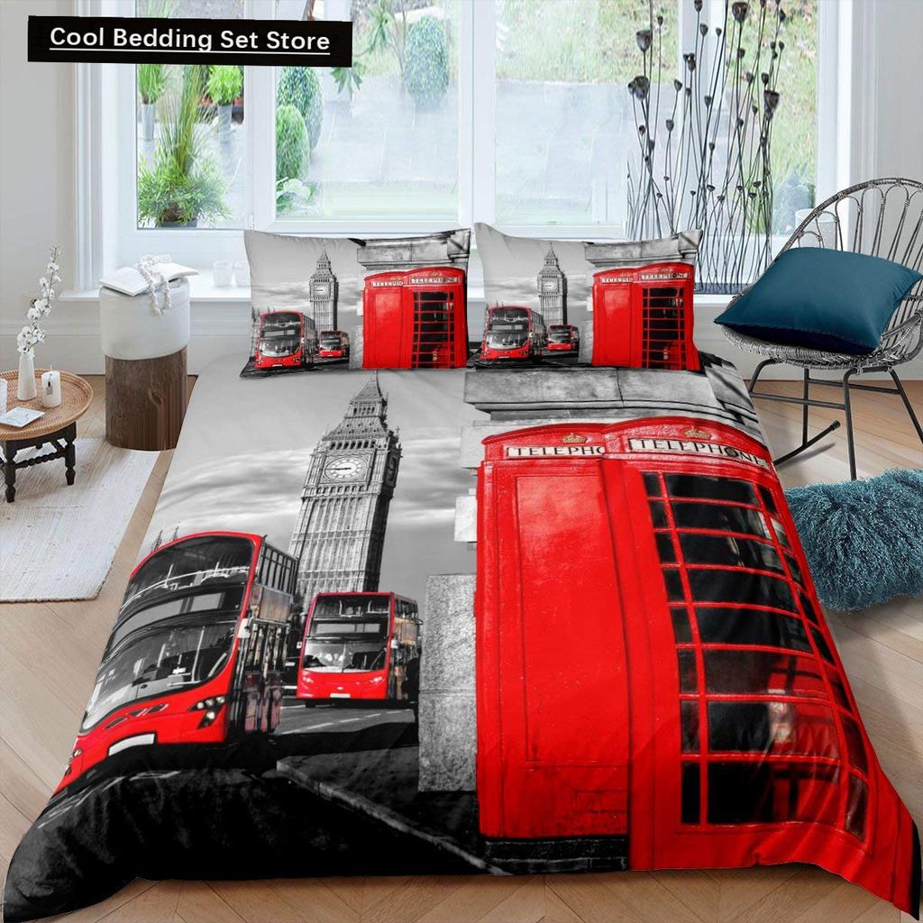 London Telephone Booth King Queen Duvet Cover The Big Ben Bedding Set Retro United Kingdom Quilt Cover Red Grey Comforter Cover