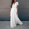 Summer New European American Style Women's Dress V-neck Short Sleeve Hollow Out Sexy Lace Trim Long Maxi Dress