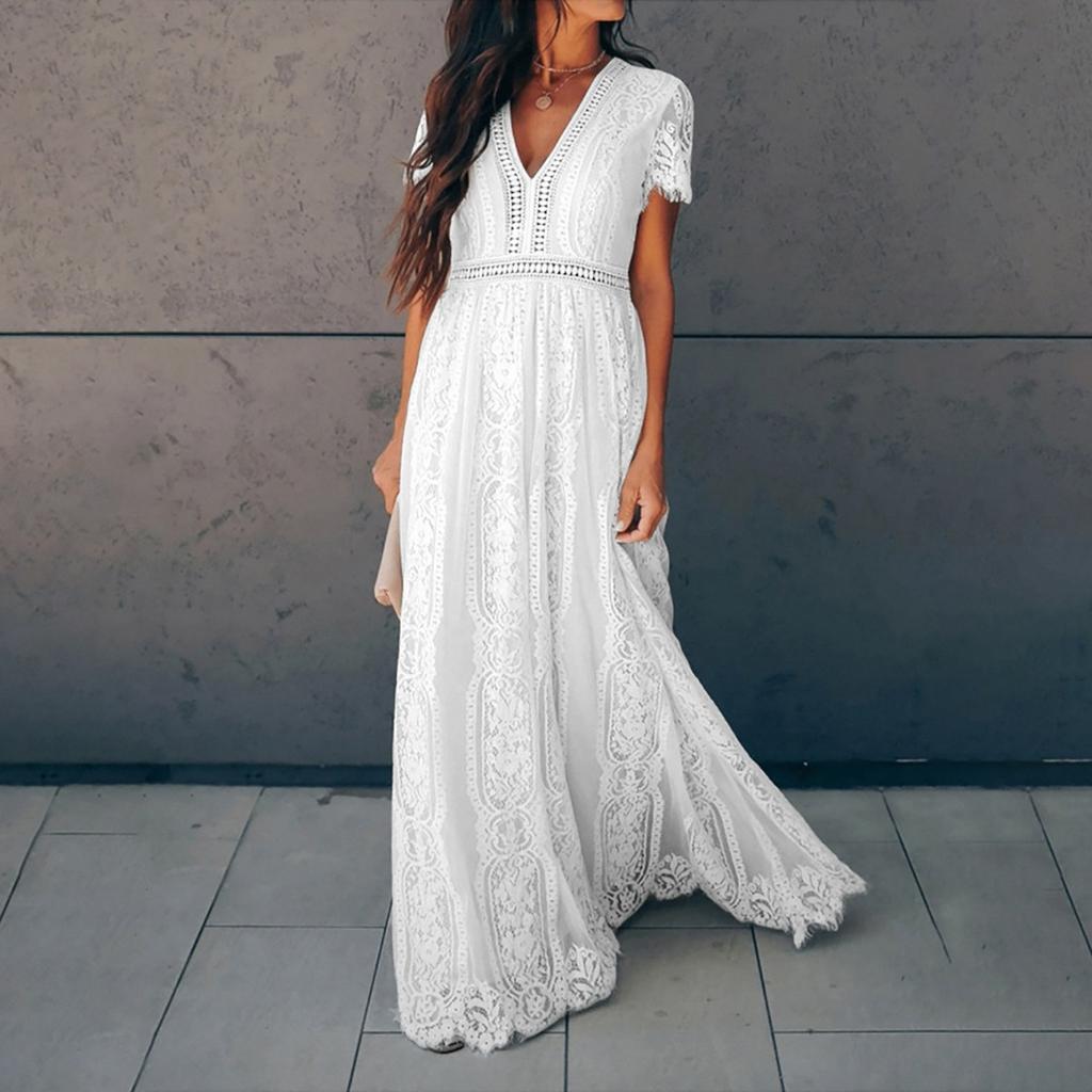 Summer New European American Style Women's Dress V-neck Short Sleeve Hollow Out Sexy Lace Trim Long Maxi Dress