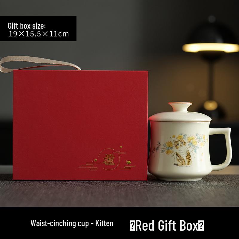 Beige Ru Ware Ceramic Tea Cup with Cute Kitten Design and Lid, Gift Boxed
