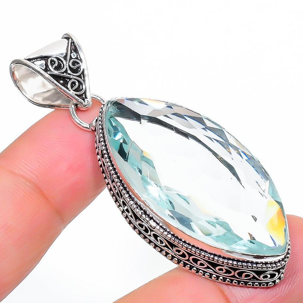 Swiss Blue Topaz Vintage Pendant 2.4" Silver Tone Marquise Cut Gemstone Jewelry
