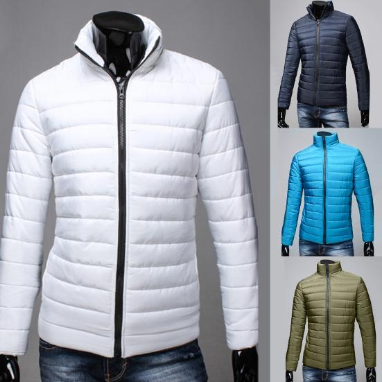 Pockets Zipper Closure Men Coat Autumn Winter Solid Color Stand Collar Puffer