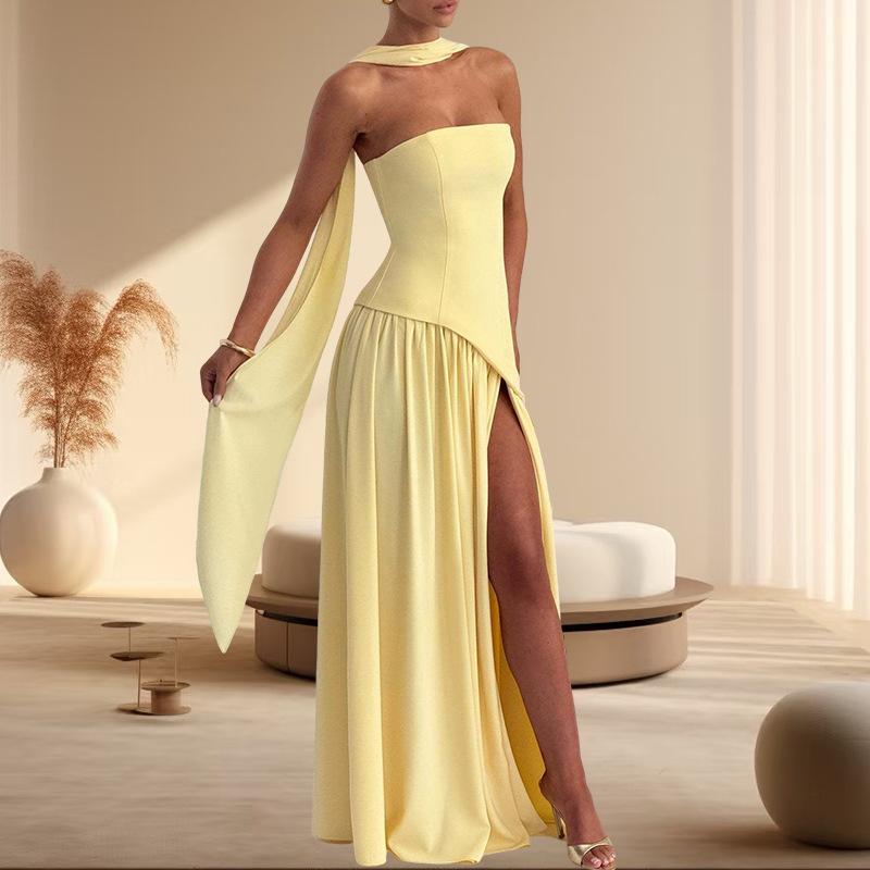 2026 summer new product design tube top color matching pleated high split slim dress scarf streamer dress