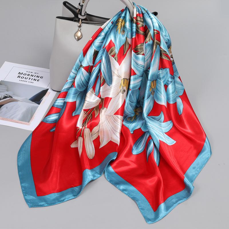 90*90Cm Women Elegant Floral Printed Square Imitation Silk Scarf Hijab Women Luxury Sunscreen And Dustproof Kerchief Head Scarf