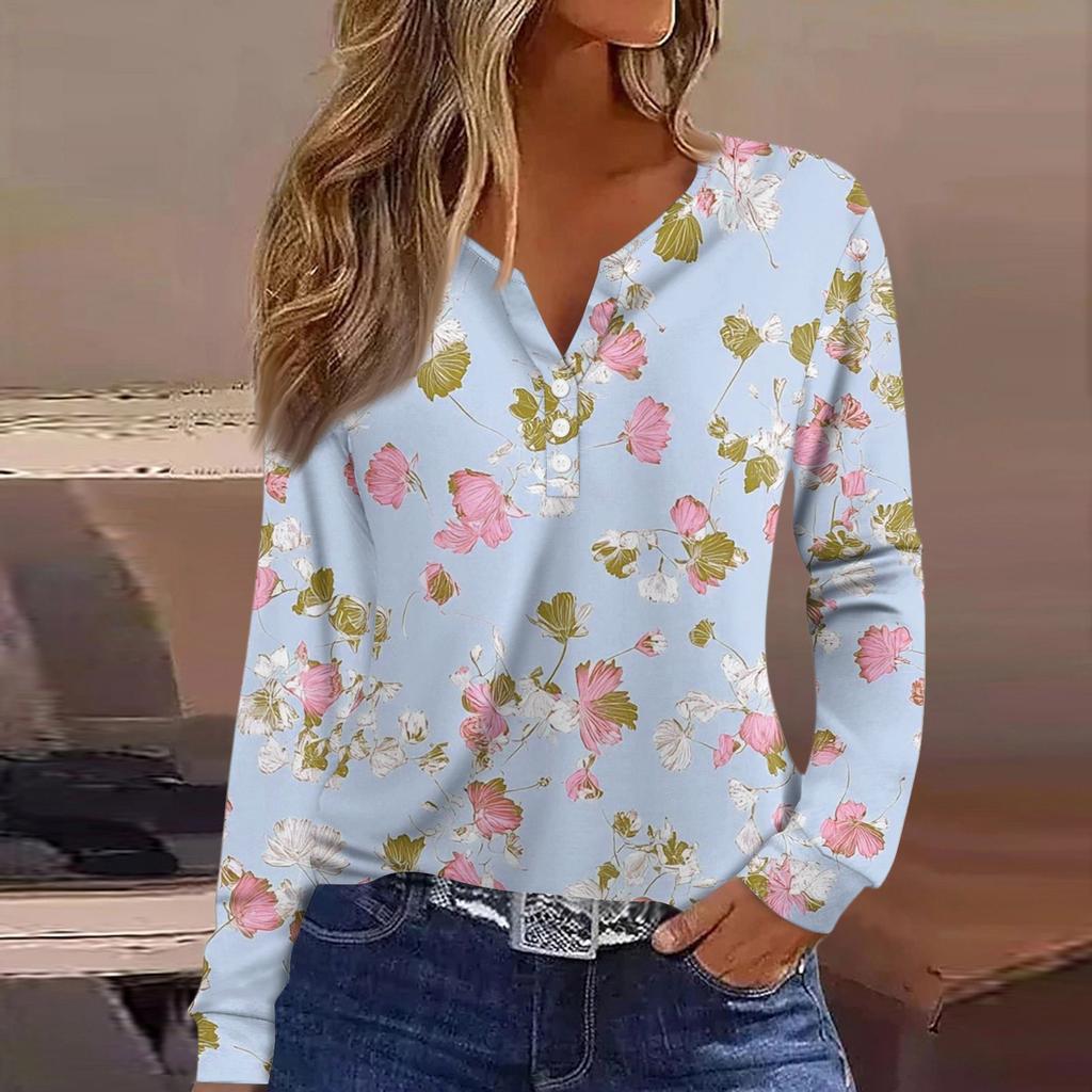 Dámské tričko Tričko Knoflíček Dlouhý rukáv Denní víkendová móda Basic Top s výstřihem do V