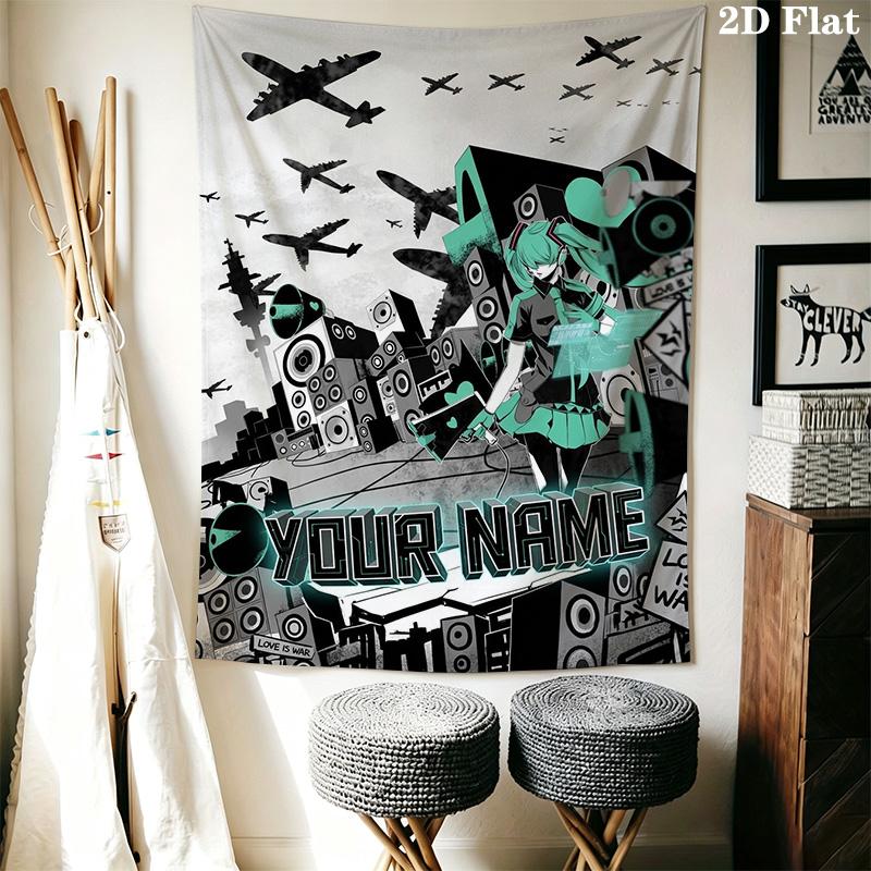 Name Benutzerdefinierte Anime Miku Wandteppich Ästhetischer Wandbehang Bedruckter Stoffdecke Dekorative Wandteppiche für Schlafzimmer Wohnzimmer Heimdekoration